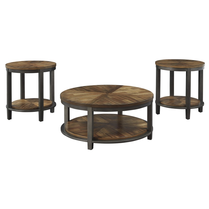 Round Metal Frame Table Set With Wooden Top And Open Bottom Shelf, Brown
