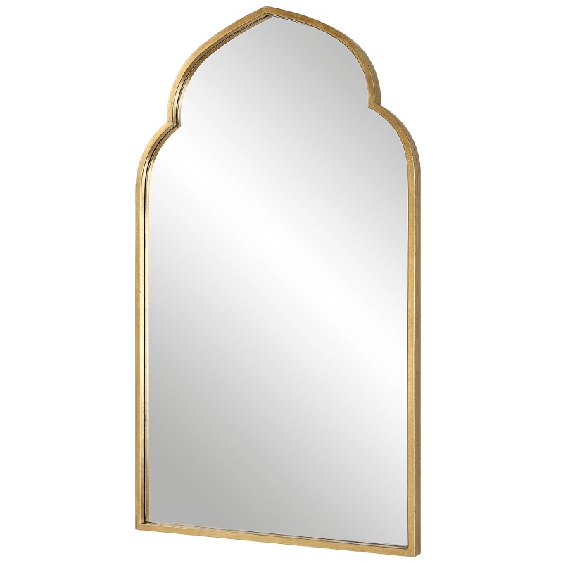 38 Inch Wood Wall Mirror, Moroccan Style, Antique Gold