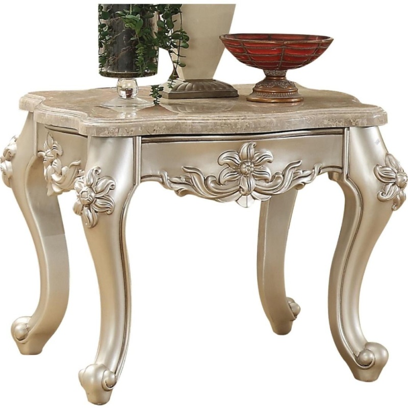 Silver Marble Top End Table with Engraved Flower Motif