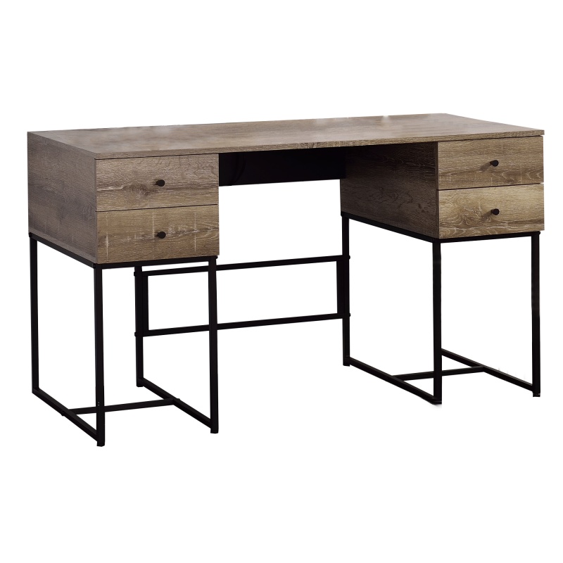 Wooden Desk With 4 Drawers And Tubular Metal Support, Brown And Black