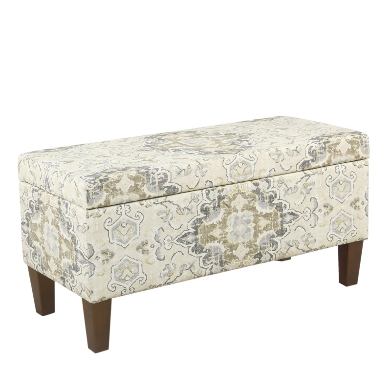Medallion Print Fabric Upholstered Wooden Bench With Hinged Storage, Large, Brown And Cream