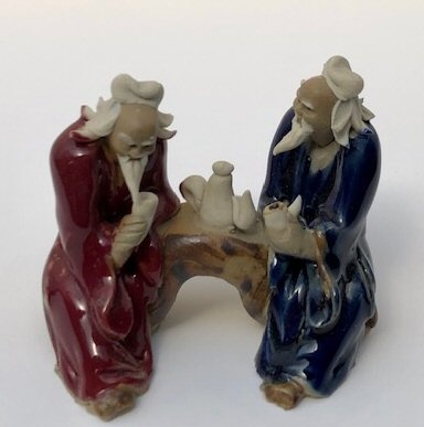 Ceramic Figurine Two Men Sitting On A Bench Drinking Tea 2.25" Color: Blue & Red