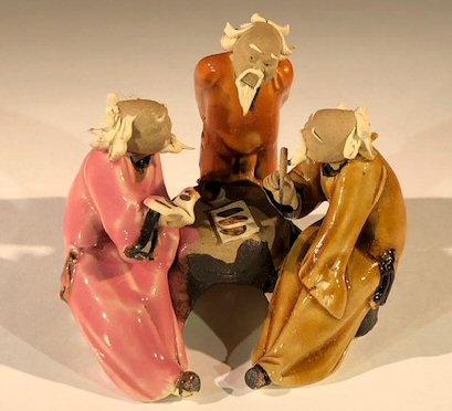Miniature Ceramic Figurine Three Men Sitting At A Table Scribing - 3"