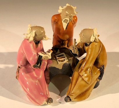 Miniature Ceramic Figurine: Three Men Sitting At A Table Scribing - 3"