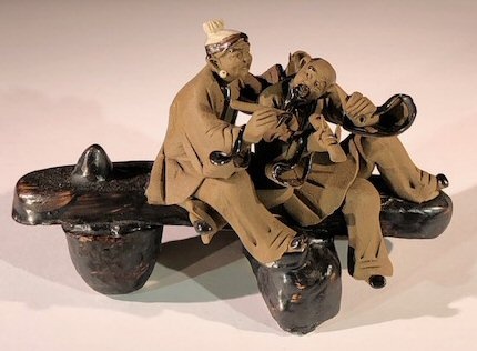 Miniature Ceramic Figurine Couple Sitting On Bench Making Music - 3" Unglazed