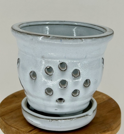 White Ceramic Orchid Pot - Round With Attached Humidity Drip Tray 5.5" X 5.5" X 5.25" Tall