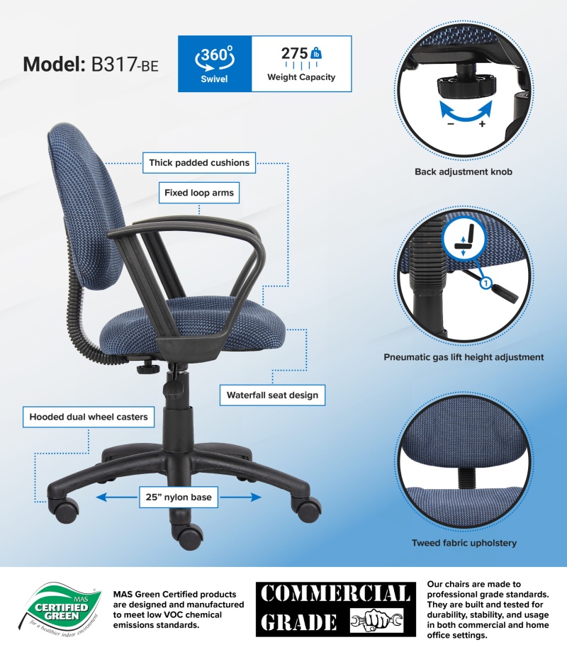 Boss Perfect Posture Deluxe Office Task Chair With Loop Arms, Blue
