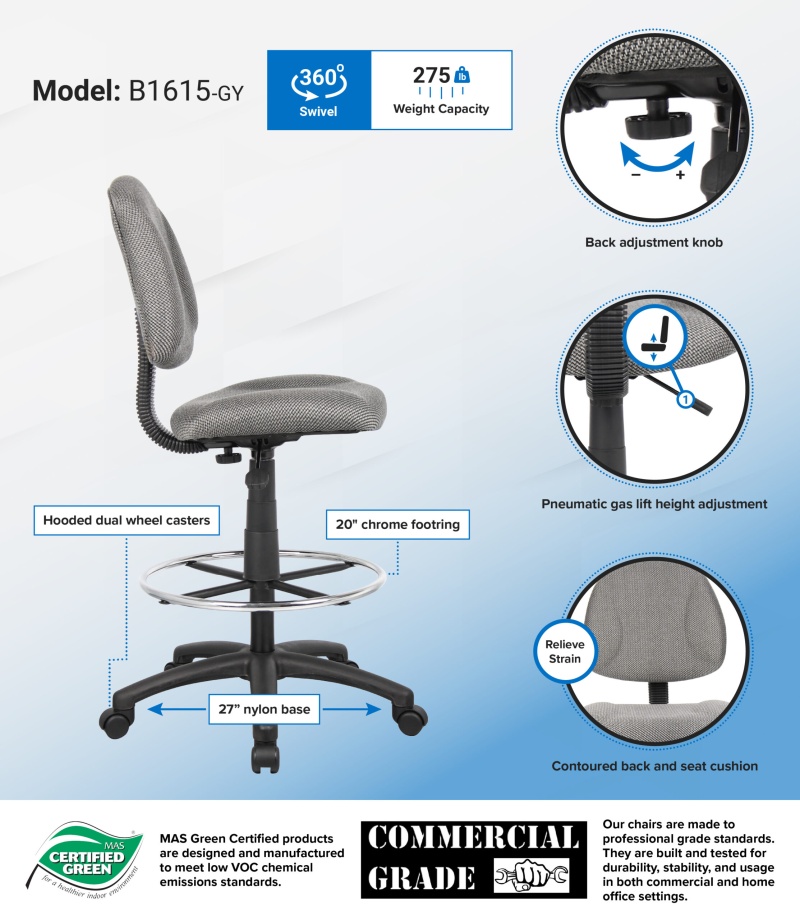 Boss Ergonomic Works Adjustable Drafting Chair Without Arms, Grey