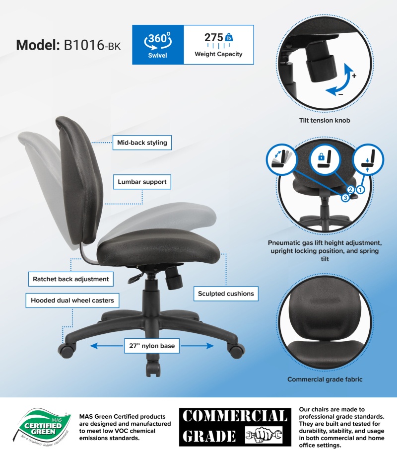 Boss Mid-Back Task Office Chair Without Arms, Black
