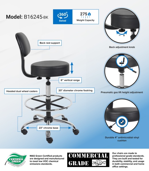 Boss Office Products Multi-Function LeatherPlus Drafting Stool with Loop  Arms in Black