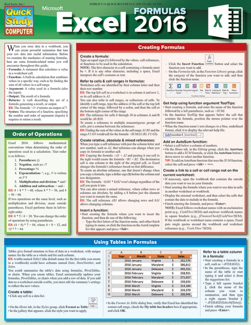 Quickstudy | Excel 2016 Formulas Laminated Reference Guide