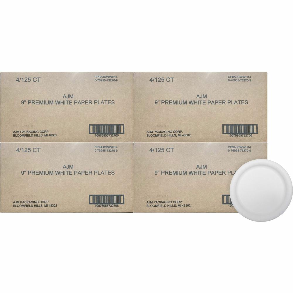 AJM Packaging Premium Coated Paper Plates, 9 Dia, White, 125/Pack, 4 Packs/Carton - AJMCP9AJCWWH14