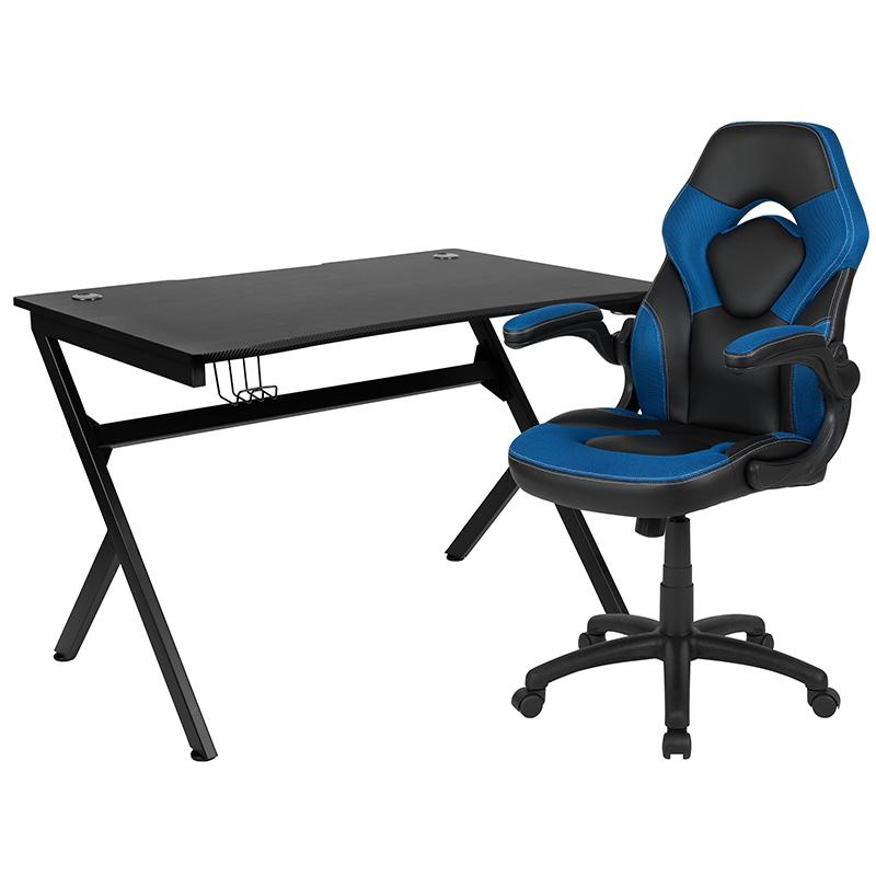 Black Gaming Desk And Blue And Black Racing Chair Set With Cup Holder, Headphone Hook & 2 Wire Management Holes