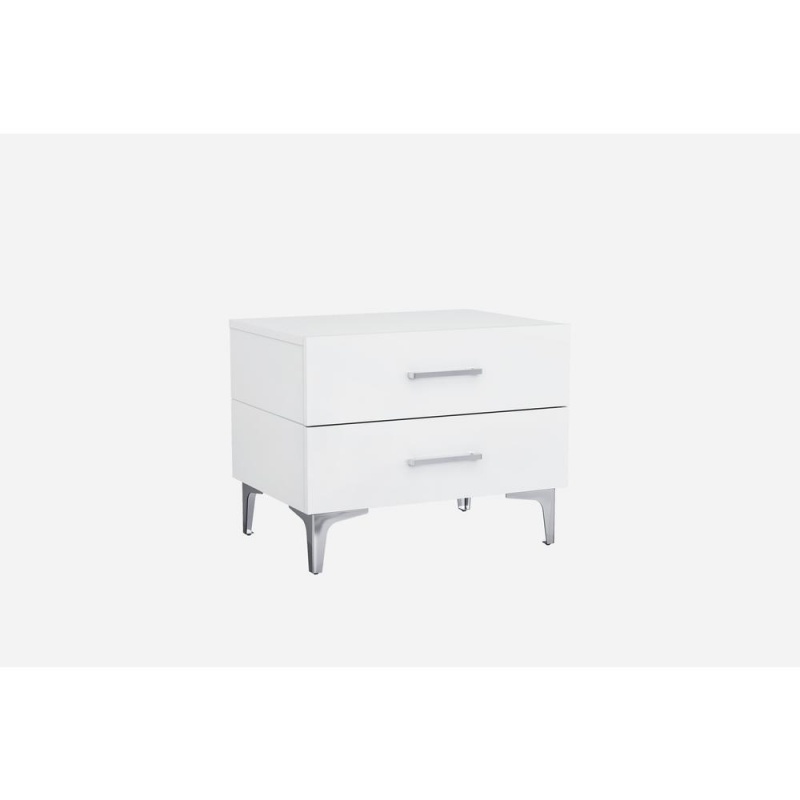 Diva Night Stand High Gloss White Chrome Handles Self-Close Drawers Stainless Steel Legs