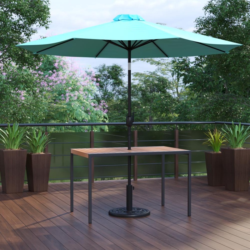 3 Piece Outdoor Patio Table Set - 30" X 48" Synthetic Teak Patio Table With Teal Umbrella And Base