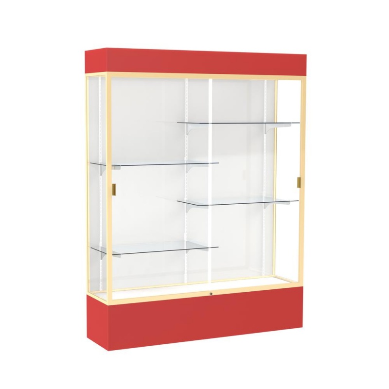 Spirit 60"W X 80"H X 16"D Lighted Floor Case, White Back, Champagne Finish, Red Base And Top