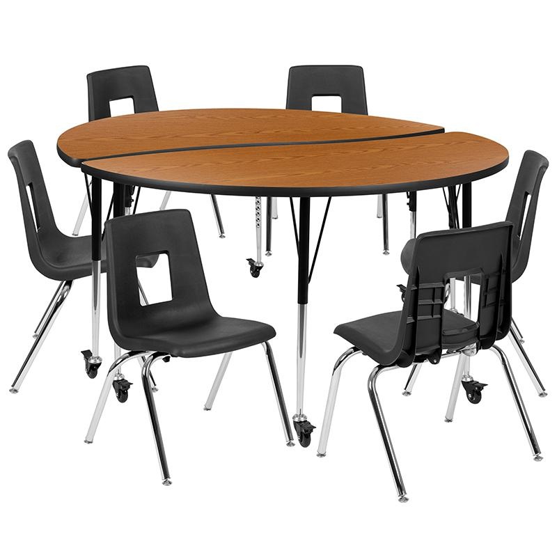 Mobile 60" Circle Wave Collaborative Laminate Activity Table Set With 18" Student Stack Chairs, Oak/Black
