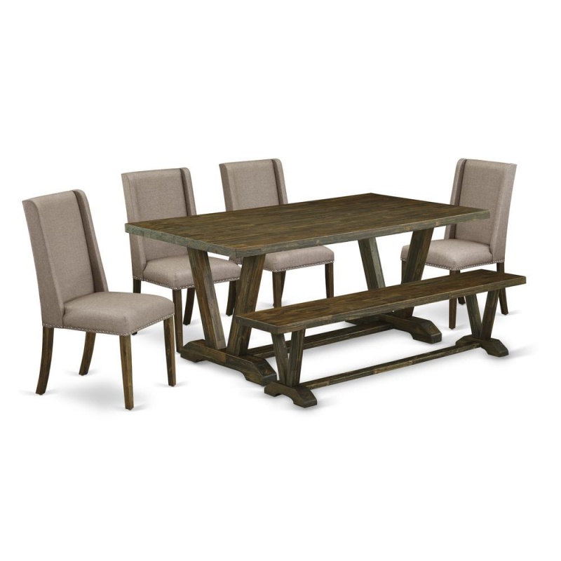East West Furniture 6-Piece Table Dining Set-Dark Khaki Linen Fabric Seat And Stylish Chair Back Modern Dining Chairs, A Rectangular Bench And Rectangular Top Kitchen Dining Table With Solid Wood Legs
