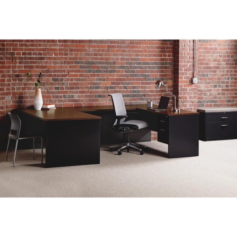 Lorell Walnut Laminate Commercial Steel Right-Pedestal Credenza - 2-Drawer - 72" X 24" , 1.1" Top - 2 X Box, File Drawer(S) - Single Pedestal On Right Side - Material: Steel - Finish: Walnut Laminate,