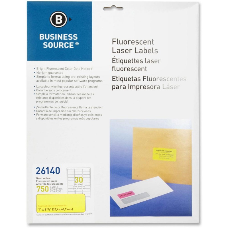 Business Source Neon Labels - 1" X 2 5/8" Length - Permanent Adhesive - Rectangle - Laser - Neon Yellow - 30 / Sheet - 750 / Pack - Jam-Free, Pressure Sensitive