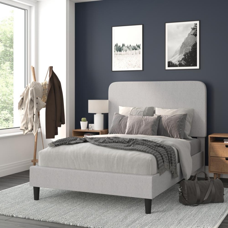 Addison Light Grey Full Fabric Upholstered Platform Bed - Headboard With Rounded Edges - No Box Spring Or Foundation Needed