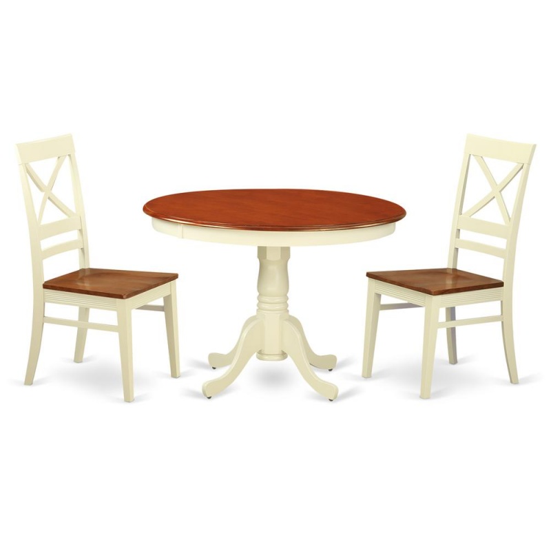 3 Pc Set With A Round Small Table And 2 Leather Kitchen Chairs In Buttermilk And Cherry