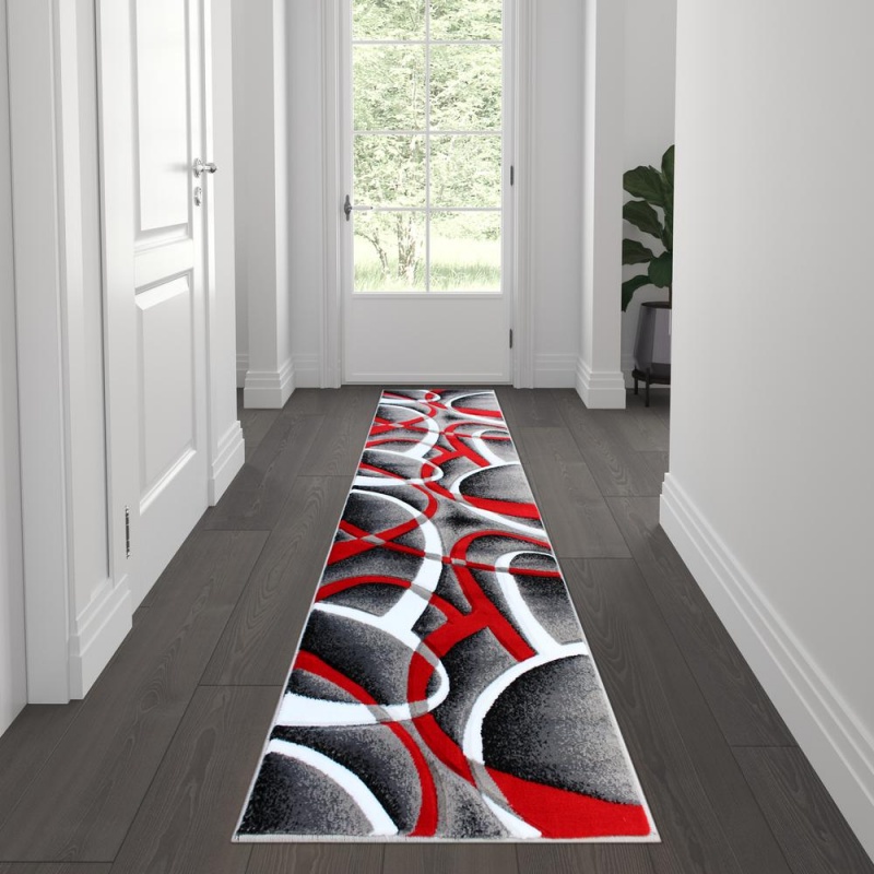 Atlan Collection 2' X 7' Red Abstract Area Rug - Olefin Rug With Jute Backing - Entryway, Living Room Or Bedroom