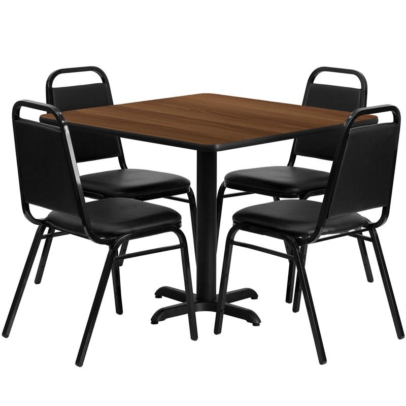 36'' Walnut Table Set With X-Base and 4 Black Banquet Chairs