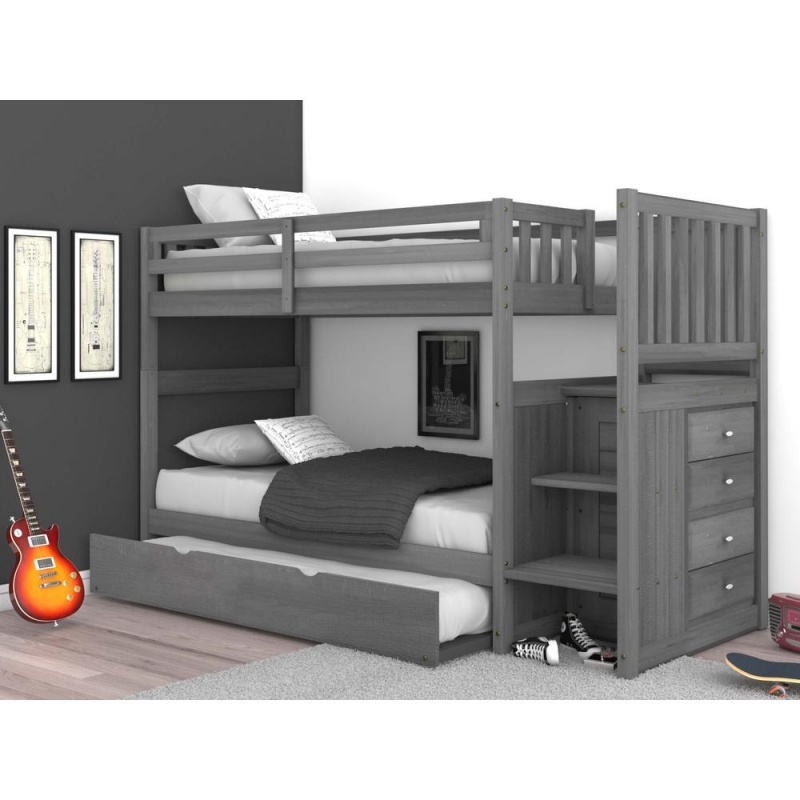 Os Home And Office Furniture Model Solid Pine Mission Staircase Twin Over Twin Bunk Bed With Four Drawer Chest And Roll Out Twin Trundle Bed In Charcoal Gray