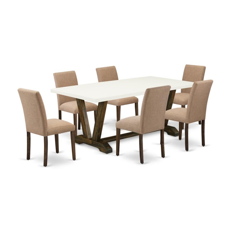 East West Furniture 7-Piece Dinette Set Includes 6 Modern Chairs With Upholstered Seat And High Back And A Rectangular Wooden Dining Table - Distressed Jacobean Finish