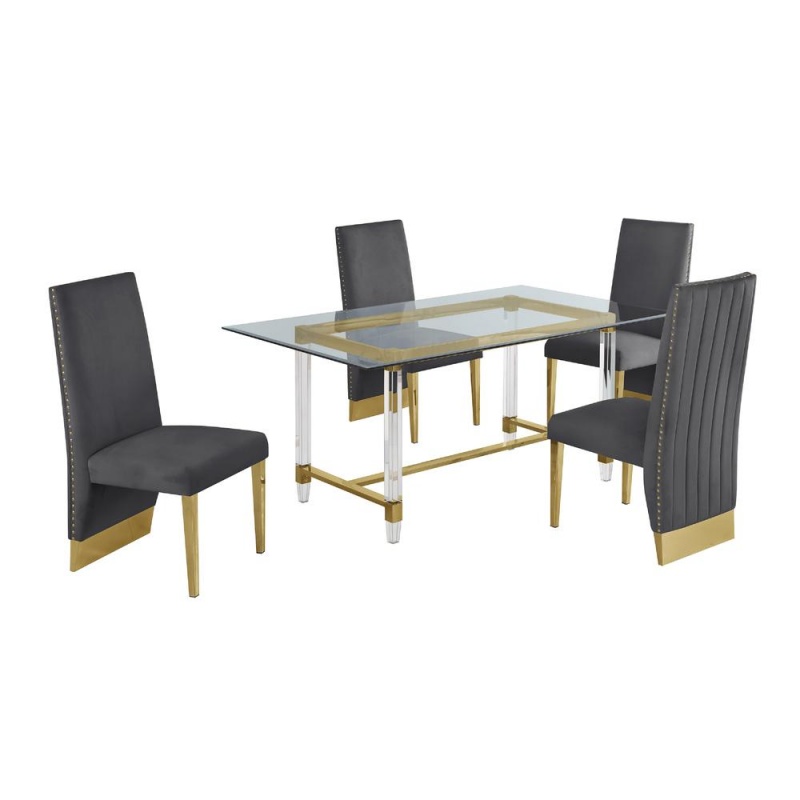 Acrylic Glass 5Pc Gold Set Pleated Chairs In Dark Grey Velvet