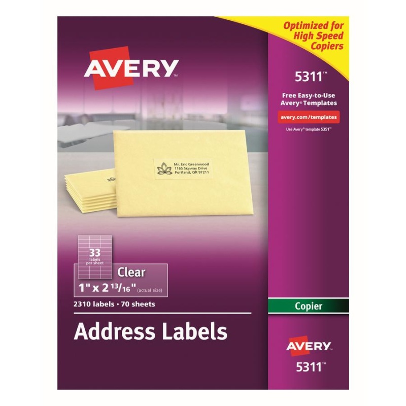 Avery® Address Label - 1" Width X 2 13/16" Length - Permanent Adhesive - Rectangle - Frosted Clear - Film - 33 / Sheet - 70 Total Sheets - 2310 Total Label(S) - 2310 / Box