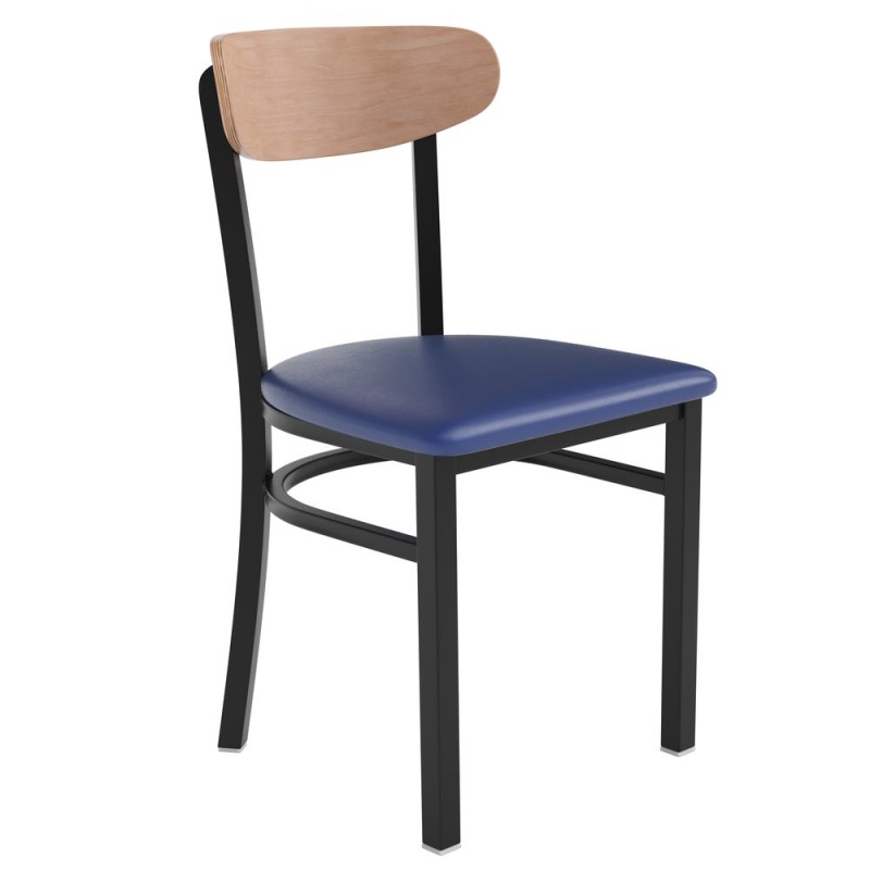 Dining Chair, Natural Birch Finish Wooden Boomerang Back, And Blue Vinyl Seat