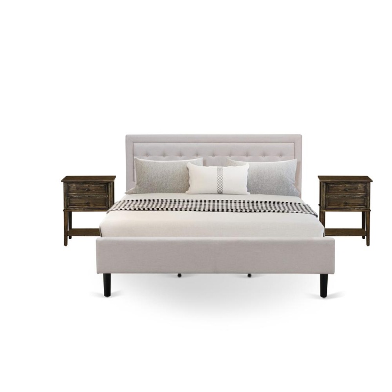 Fn08k-2Vl07 3-Piece Platform King Size Bed Set With 1 Wingback Bed And 2 Small End Tables - Mist Beige Linen Fabric