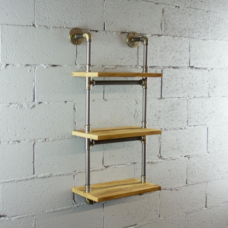 3-Tiered Wall-Mounted Pipe Shelf Rack With Reclaimed Aged-Wood Finish