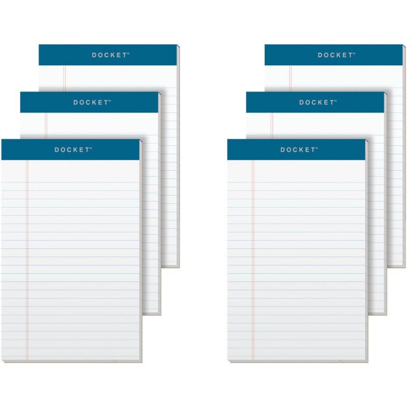 Tops Docket Narrow Rule Writing Tablet - 50 Sheets - Double Stitched - 16 Lb Basis Weight - 5" X 8" - 8" X 5" - White Paper - Rigid, Heavyweight, Bleed Resistant, Perforated, Acid-Free - 6 / Pack