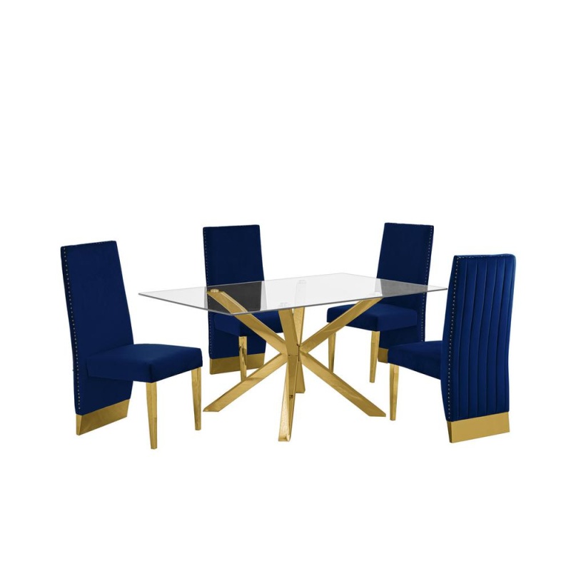 Contemporary 5Pc Dining Set, Glass Dining Table W/Stainless Steel Gold Base & Velvet Pleated Chrome Support Dining Chairs, Navy Blue