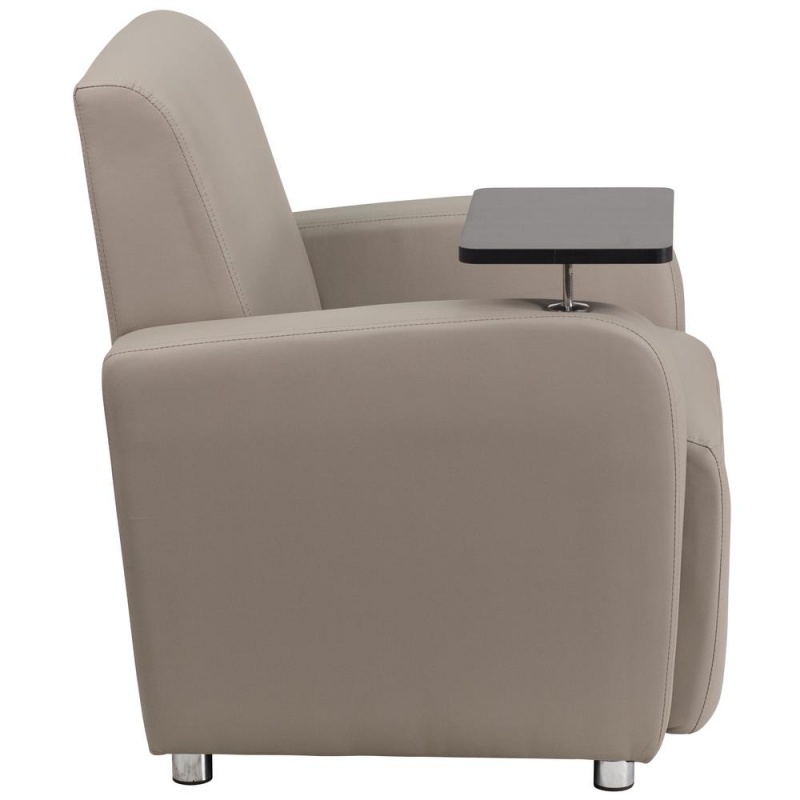 Gray Leathersoft Guest Chair With Tablet Arm, Chrome Legs And Cup Holder