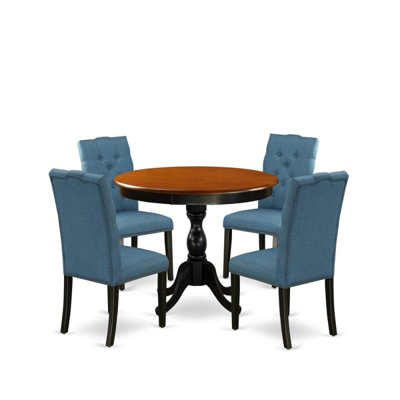 East West Furniture 5-Piece Kitchen Dining Table Set Includes A Round Dining Table And 4 Blue Linen Fabric Kitchen Chairs With Button Tufted Back - Black Finish