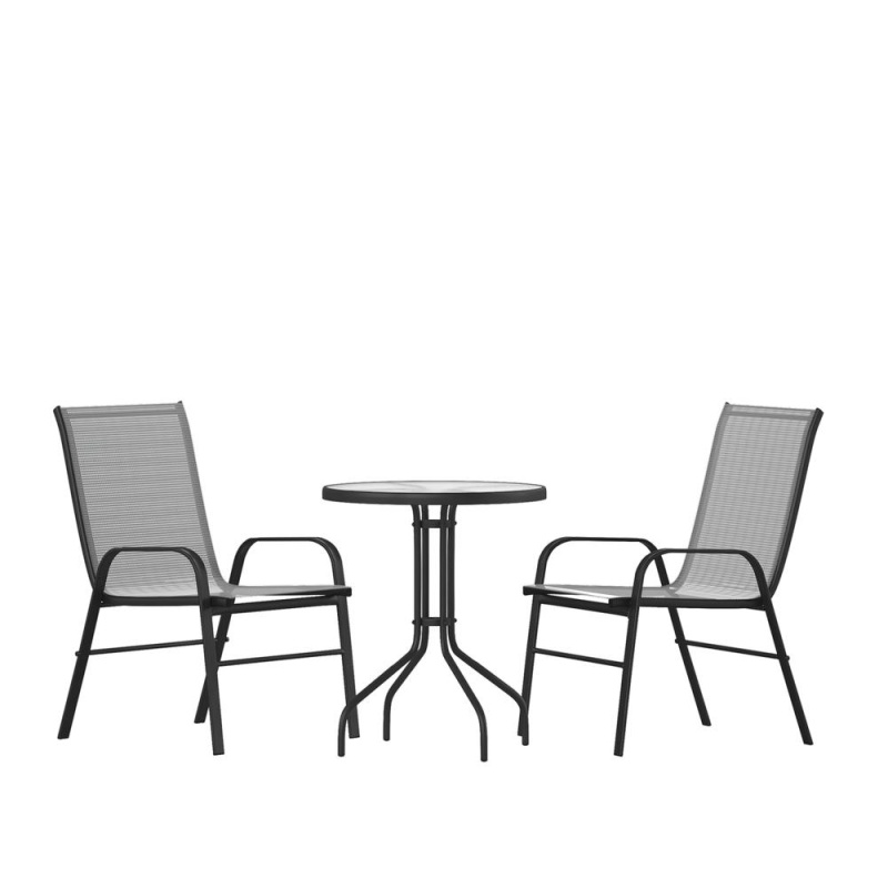 3 Piece Set - 23.75" Tempered Glass Patio Table, 2 Gray Stack Chairs