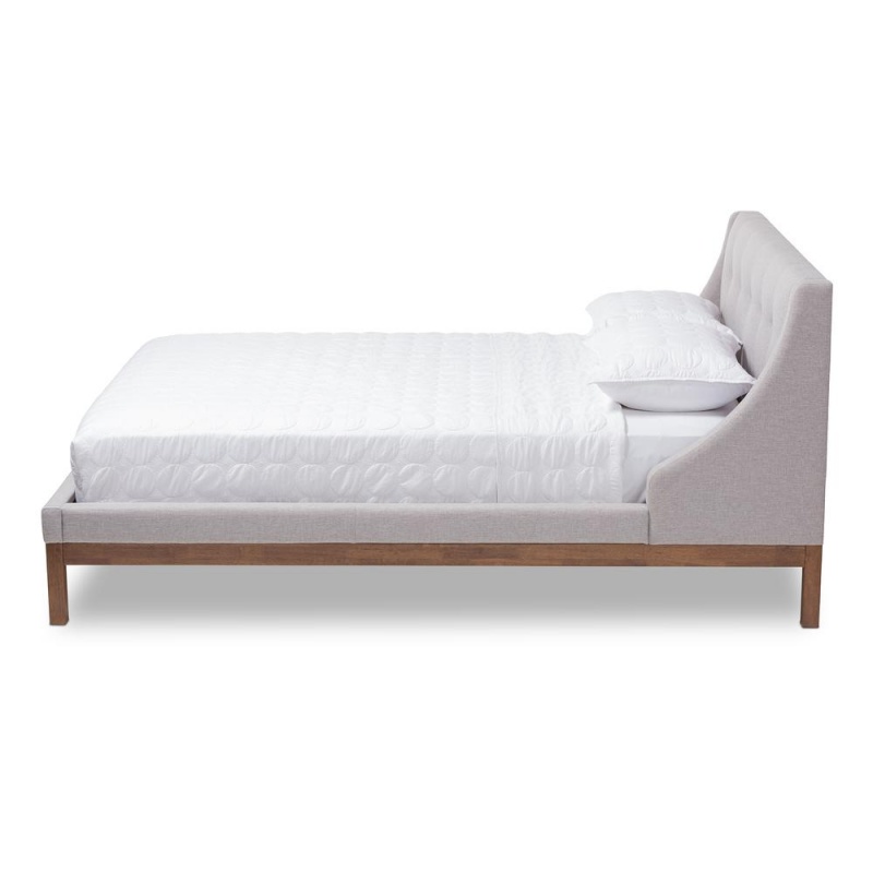 Louvain Modern And Contemporary Greyish Beige Fabric Upholstered Walnut-Finished Full Sized Platform Bed