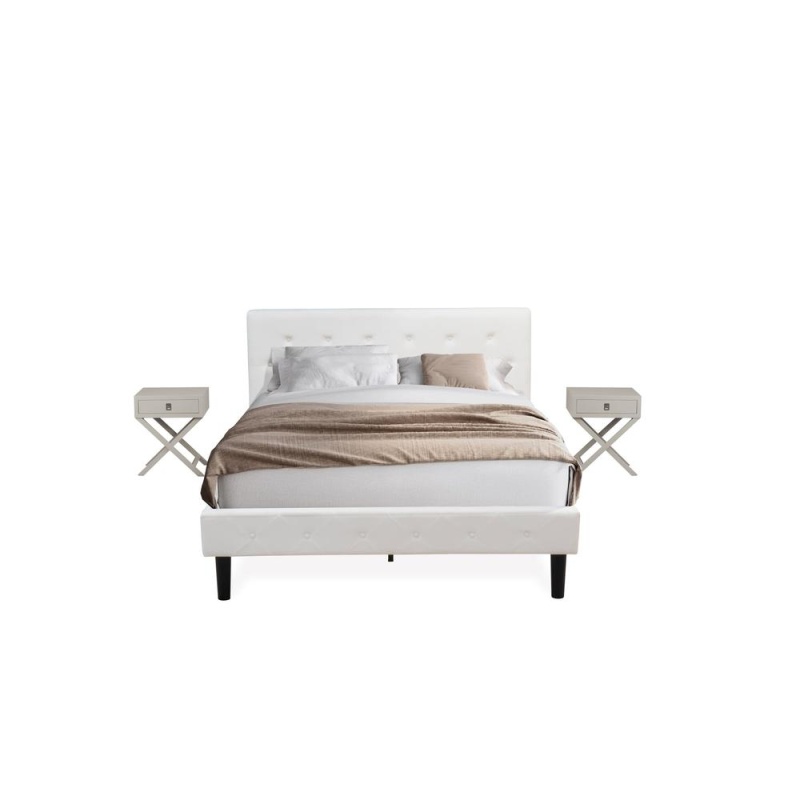 Nl19q-2Ha14 3 Pc Bed Set - 1 Queen Bed White Velvet Fabric Headboard And 2 Mid Century Nightstand - Urban Gray Finish Nightstand