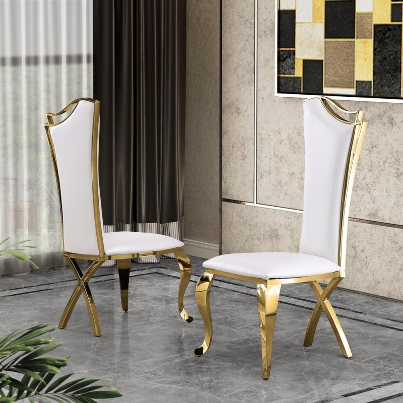 Faux Leather Side Chair Set Of 2, Stainless Steel Gold Legs, White