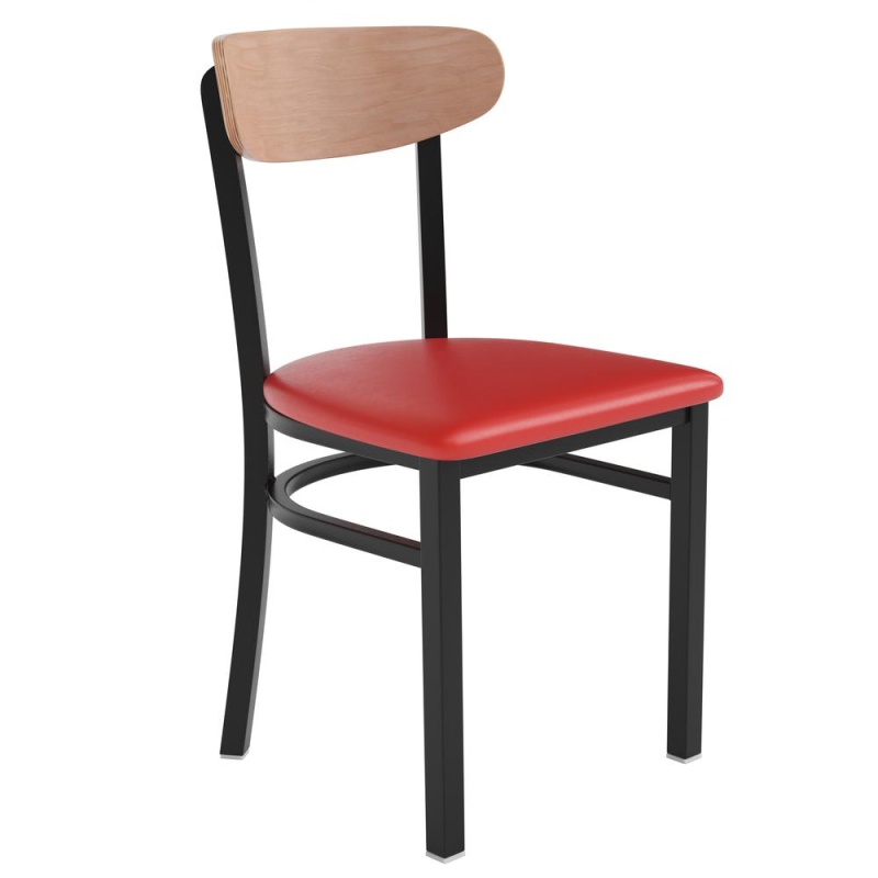 Wright Commercial Dining Chair With 500 Lb. Capacity Black Steel Frame, Natural Birch Finish Wooden Boomerang Back, And Red Vinyl Seat