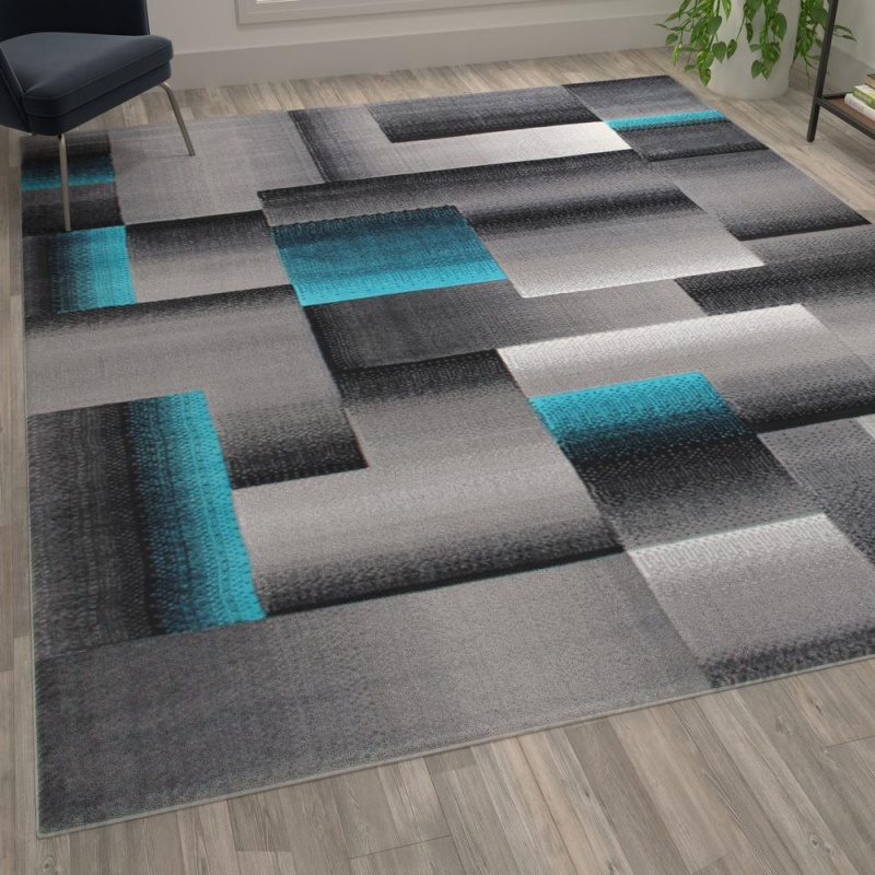 Elio Collection 8' X 10' Turquoise Color Blocked Area Rug - Olefin Rug With Jute Backing - Entryway, Living Room, Or Bedroom