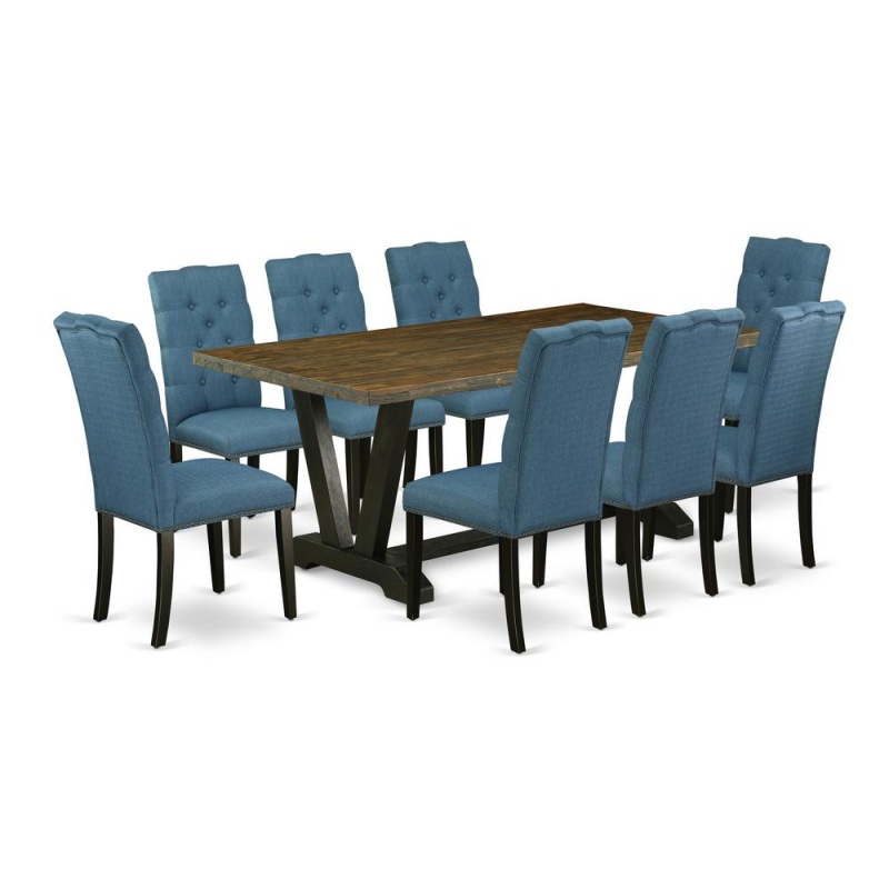 East West Furniture V677el121-9 9-Piece Amazing Dining Table Set An Excellent Distressed Jacobean Modern Dining Table Top And 8 Lovely Linen Fabric Kitchen Chairs With Nail Heads And Button Tufted Cha