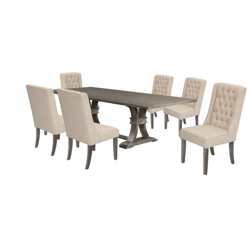 7 Piece Dining Set Extendable W/Two 16"Side Leaves Extension & 6 Chairs In Beige Linen