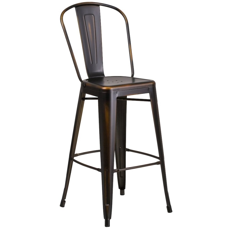 30" High Distressed Copper Metal Indoor-Outdoor Barstool With Back
