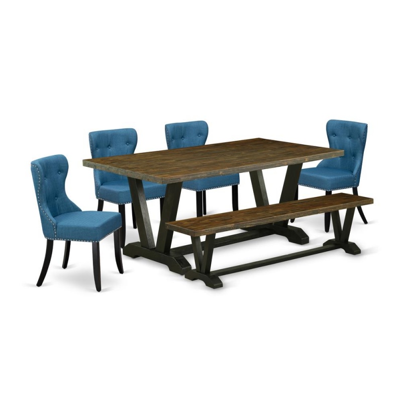 6-Piece Kitchen Dining Set with Blue Linen Chairs