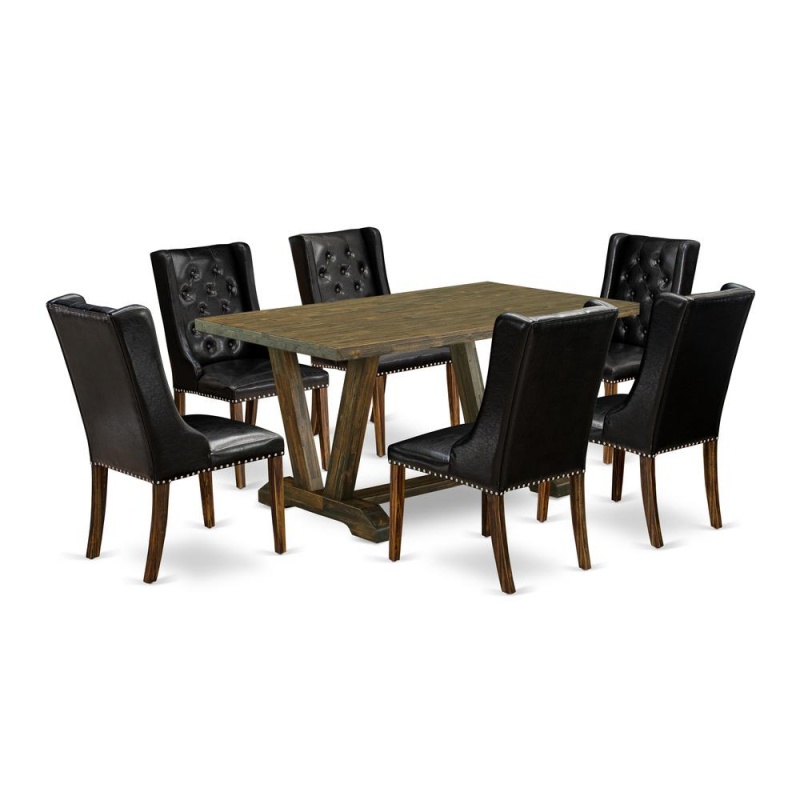 East West Furniture V776fo769-7 7-Piece Dining Room Set - 6 Black Pu Leather Upholstered Chair Button Tufted With Nail Heads And Mid Century Dining Table - Distressed Jacobean Finish